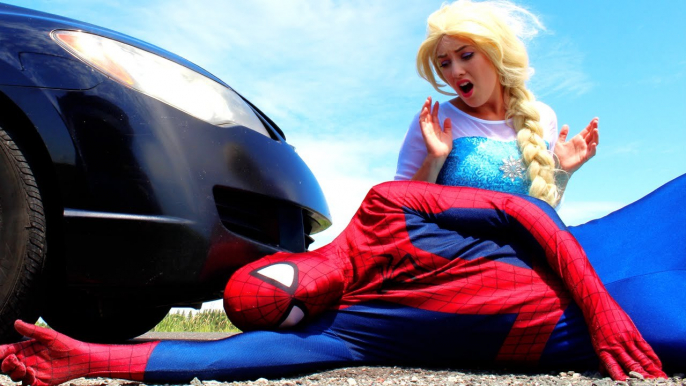 Spiderman & Frozen Elsa vs CAR! w_ Pink Spidergirl, Anna, Joker, Maleficent & Candy -)