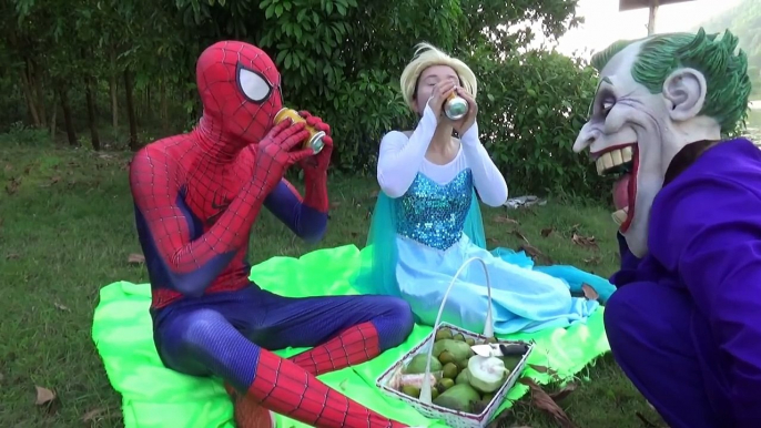 Spiderman vs Frozen Elsa vs Anna organizing the party picnic /w Joker thrown into the Lake