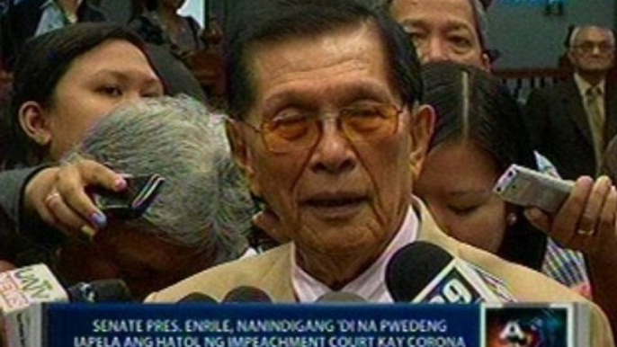 Saksi: Sen. Pres. Enrile, nanindigang 'di na pwedeng iapela ang hatol  kay Corona