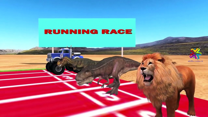 Monster Trucks Racing Dinosaurs Cartoons for Children Lion Cheetah | Monster Truck Race An