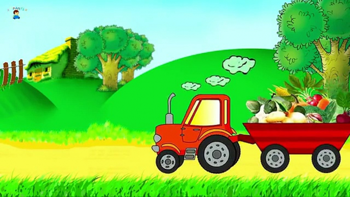 Learning vegetables. Cartoon about a tractor. Developing cartoon