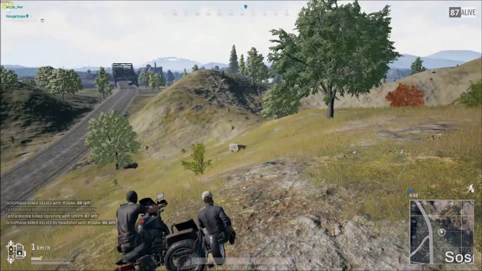 Battlegrounds: My partner died early on, so I jumped in another player's bike and started playing music. Minor hijinks ensued.