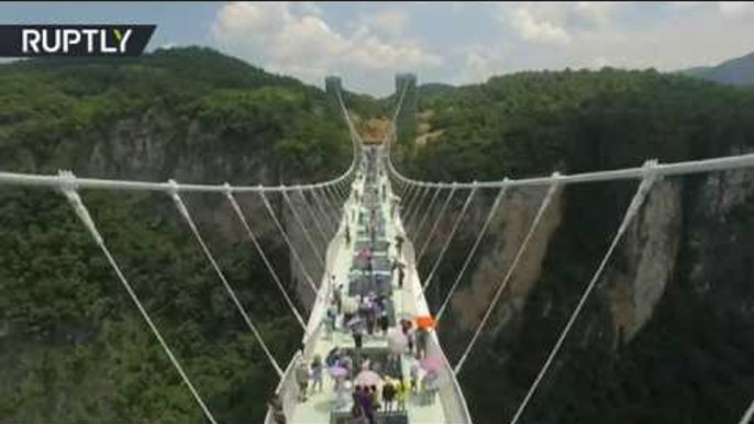 Don't crack it! Worlds longest glass bottom bridge opens in Hunan, China