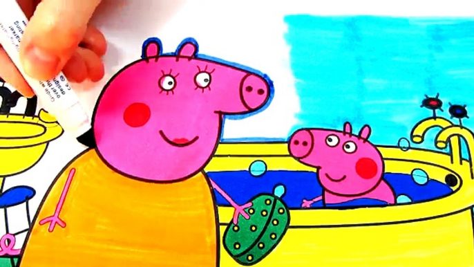 Peppa Pig Mummy Pig George Bath Time Coloring Book Pages Video For Kids with Colored Markers