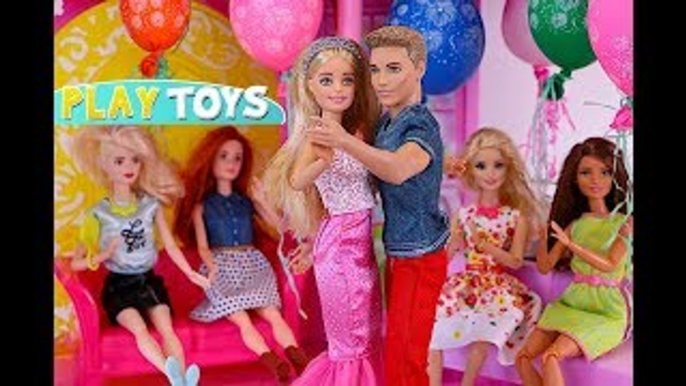 Barbie Doll Birthday Party Routine in the Doll House - Barbie & Ken dance by Play Toys w/ baby dolls