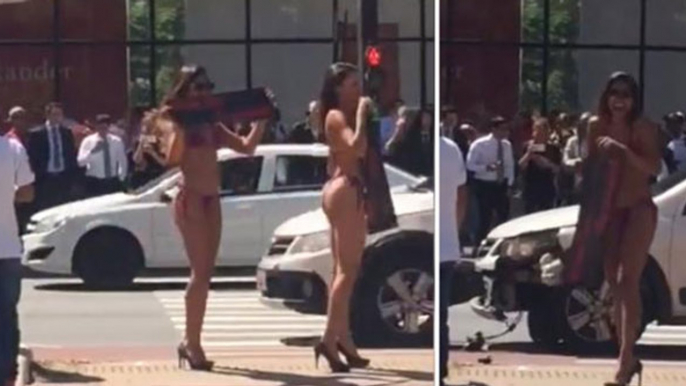 Sexy Babes In Bikinis Cause A Distracted Driver To Crash His Car