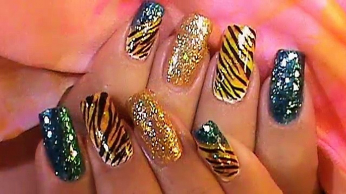 Turquoise & Gold Tiger Carnival Nail Art Design Tutorial