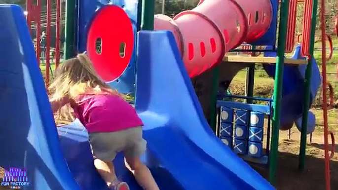 Playing at the Park on the Playground for Kids & Children W/ Slides, Swings, Climbing and Dinosaurs