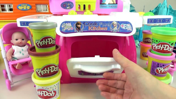 Baby doll and Frozen kitchen toys play-doh cooking play