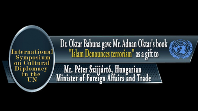Dr. Oktar Babuna gave Mr. Adnan Oktar's book "Islam Denounces terrorism" as a gift to Mr. Péter Szijjártó, Hungarian Minister of Foreign Affairs and Trade