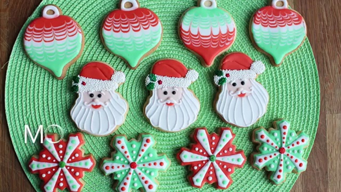 3 Christmas Cookie Designs using Wilton Cookie Cutters Santa, snowflake & ornament cookies