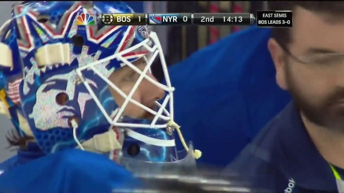 Zdeno Chara breaks Henrik Lundqvist's mask. May 23 2013 Boston Bruins vs NY Rangers NHL Hockey.