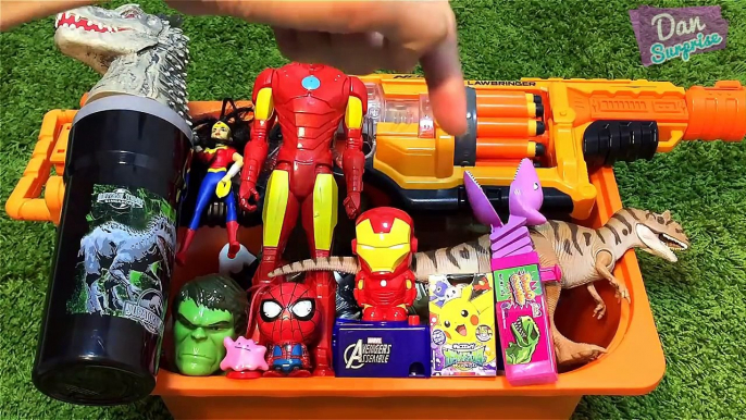 BOX OF TOYS: DINOSAURS, NERF GUNS, SPIDERMAN, CARS, INDOMINUS REX, JURASSIC WORLD and ACTION FIGURES