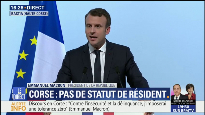 Corse: "La mise en oeuvre d'un statut de résident n'est pas la bonne réponse", dit Macron