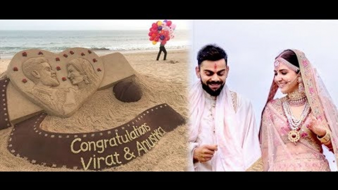 सुदर्शन पटनायक ने रेत पर 'विरुष्का' को दी बधाई II Sand artist Sudarsan Pattnaik