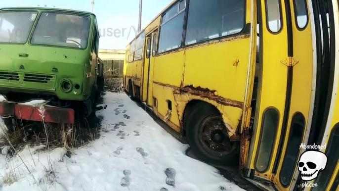 Abandoned buses. Forgotten rusty buses. Abandoned vehicles Ikarus bus