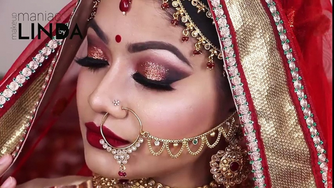 Red Asian Bridal Makeup Tutorial 2017 - Gorgeous Glittery Eyes with Red Lips- Indian Wedding Makeup