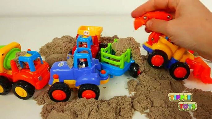 Vehicles for Toddlers! Dump Truck Cement Mixer Bulldozer and Tror Working in Kinetic Sand