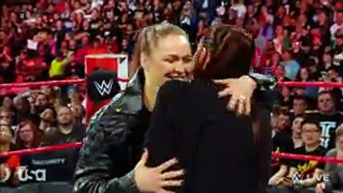 ROUSEY PUTS SUBMISSION HOLD ON STEPHANIE.  The night after WrestleMania, Ronda Rousey appears to make amends with Stephanie McMahon, but instead Ronda puts her in a submission hold.