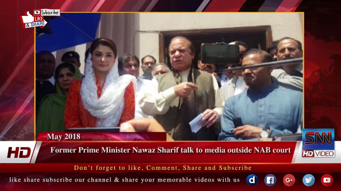 Former Prime Minister Nawaz Sharif talk to media outside NAB court