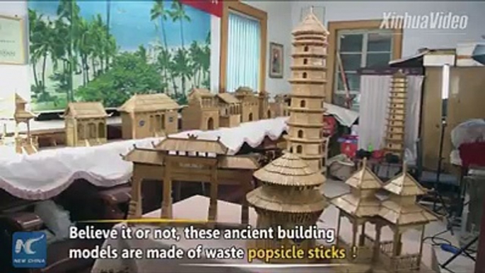 Trash to treasure! A 70-year-old Chinese craftsman uses tens of thousands of discarded popsicle sticks to make more than 60 ancient architecture models.