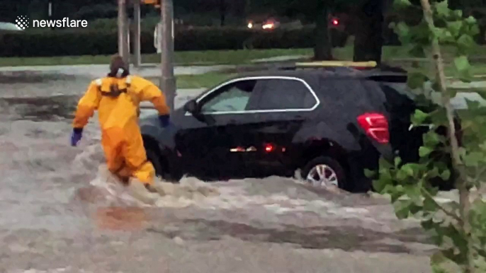 Firefighter wades through knee-high waters to rescue driver stuck in flash flood