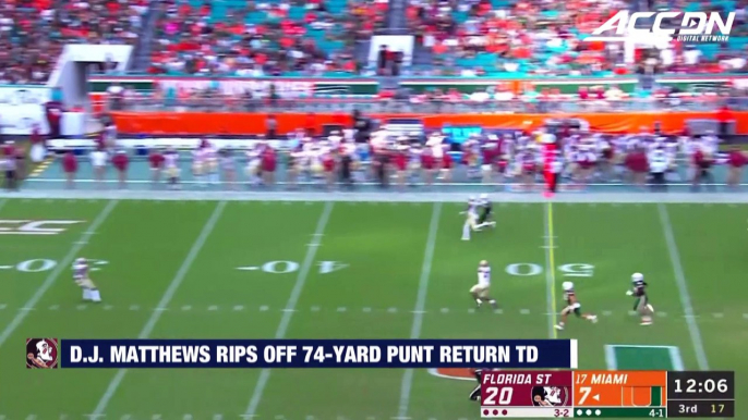 Florida State PR D.J. Matthews Rips Off 74-Yard Punt Return TD vs. Miami