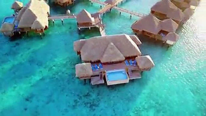 Flying over the St Regis Resort luxury overwater bungalow in Bora Bora  | :  incaidgalleries