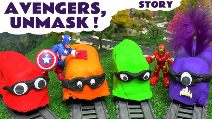 Superheroes from Marvel Avengers 4 help rescue the island by unmasking the Play Doh Naughty Toy Trains from Thomas and Friends using their Superpowers, can you guess the engine? A fun toy train story for kids