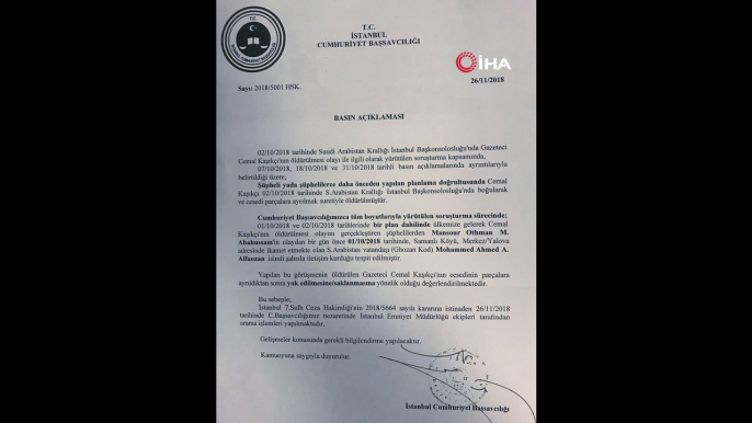 İstanbul Cumhuriyet Başsavcılığı: 'Cemal Kaşıkçı olayının şüphelilerinden Abahussain'in olaydan bir gün önce Yalova Samanlı Köyü'nde ikamet eden Suudi Arabistan vatandaşı Alfaozan ile iletişim kurulduğu tespit edilmiştir'