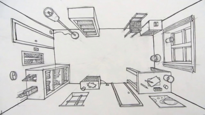 Comment dessiner une pièce dans une perspective à un point de vue || How to Draw a Room in One Point Perspective A Bird's Eye View