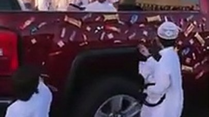 Car decorated with sweets and chocolates on Eid al fitr day by saudi man