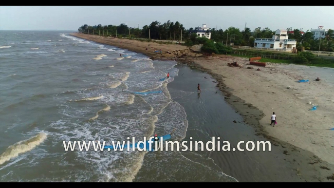 Panorama view Local fishermen catching fish at Bakkhali beach, Bay of Bengal, West Bengal, India. 4k Aerial stock footage