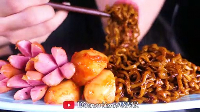 BLACK BEAN FIRE NOODLES+KIMCHI+SAUSAGE불닭짜장볶음면+총각김치+비엔나소시지Mukbang(Eating sounds)ㅣDinnertimeASMR