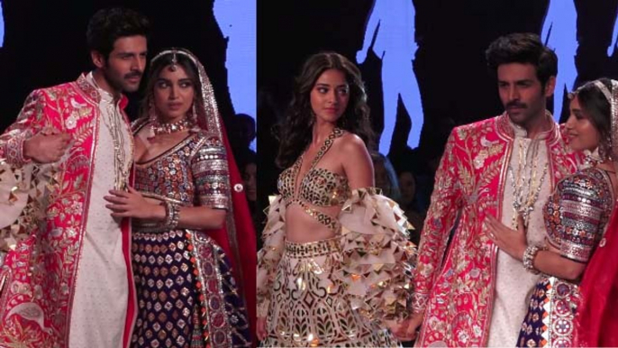 Kartik Aaryan, Bhumi Pednekar, Ananya Panday walk the ramp in Pati Patni Aur Woh look  | FilmiBeat