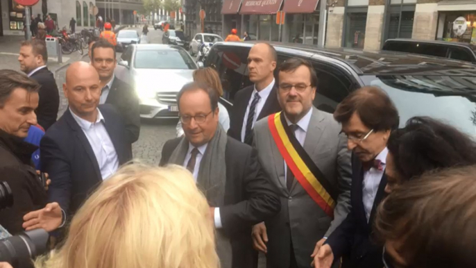 François Hollande à Liège, avec Willy Demeyer et Elio Di Rupo