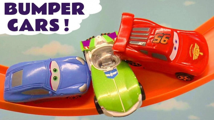 Hot Wheels Bumper Cars with Disney Pixar Lightning McQueen vs Toy Story 4 and DC Comics & Marvel Avengers 4 Superheroes in this Full Episode English