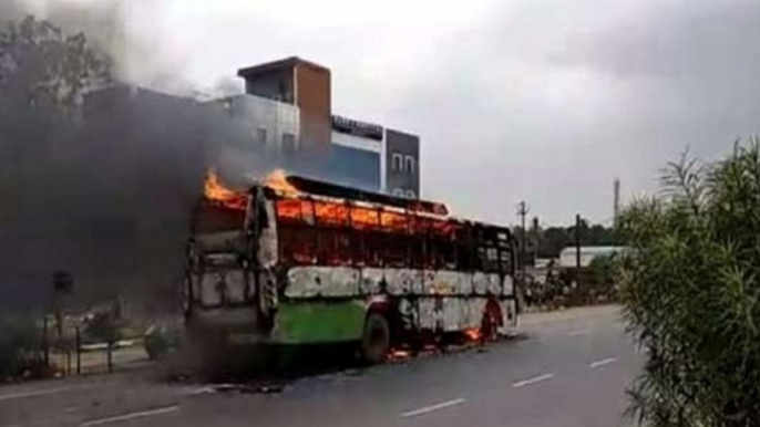 Bus catches fire after colliding with bike in Kanpur, woman dies