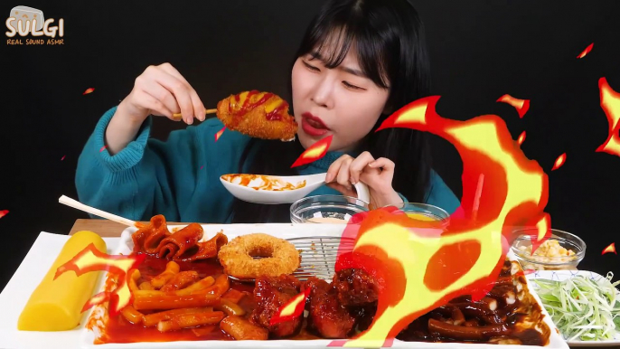 ASMR MUKBANG NOODLE TTEOKBOKKI & FRIED CHICKEN & CORN DOG & ONION RING EATING