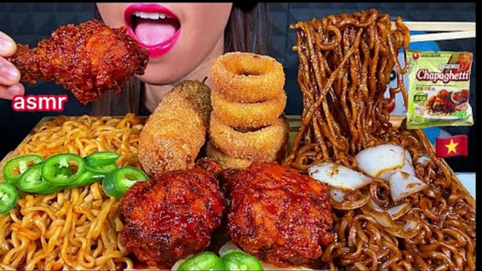 ASMR EATING FIRE NOODLES BLACK BEAN NOODLES SPICY FRIED CHICKEN ONION RINGS CORN DOG