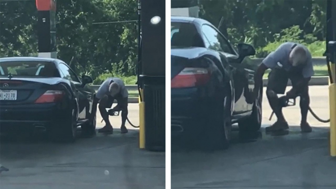 Il filme un homme qui lave sa voiture avec de l’essence à la station service