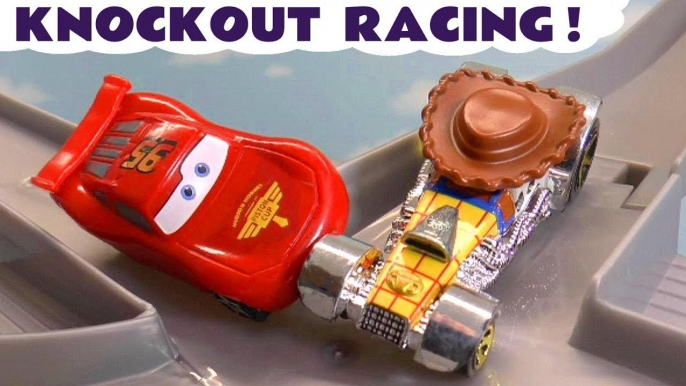 Hot Wheels Knockout Racing with Disney Pixar Cars Lightning McQueen versus the Funny Funlings and Marvel Avengers in these Full Episodes Funling Race Toy Story Videos for Kids from a Kid Friendly Family Channel