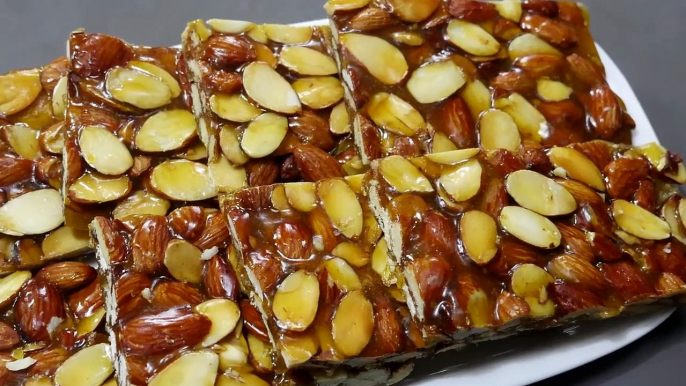 Badam Ki Chikki - Almond Chikki Recipe - Almond Brittle Recipe