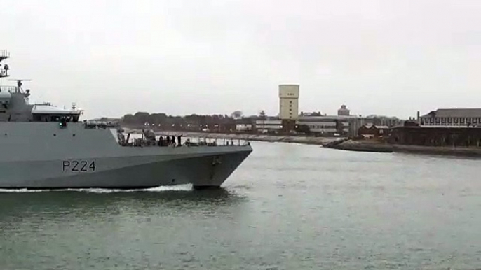 Royal Navy warship HMS Trent has returned to Portsmouth playing Christmas tunes