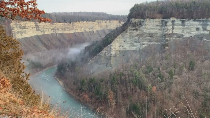 Water vapor forms misty ‘clouds’ over New York’s Genesee River