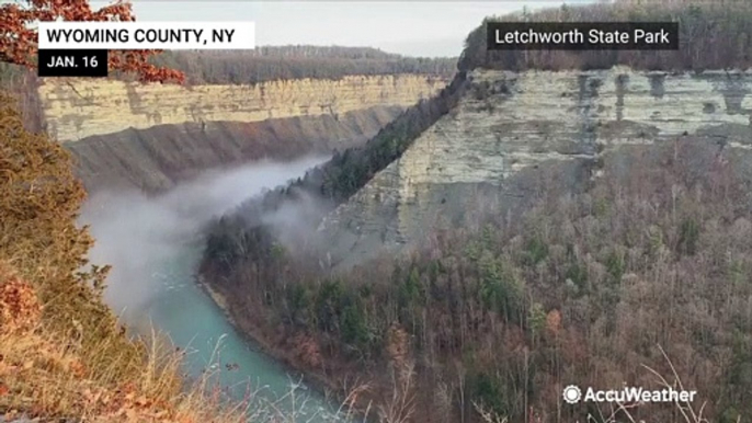 Water vapor forms misty ‘clouds’ over New York’s Genesee River