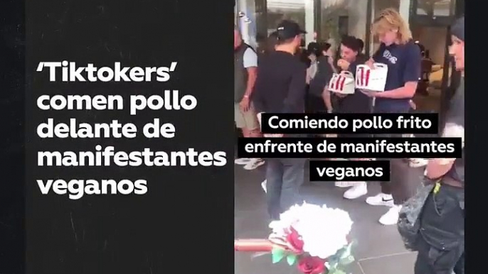 Comen pollo frito delante de manifestantes veganos