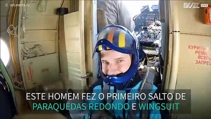 Paraquedista faz o primeiro salto de wingsuit com paraquedas redondo