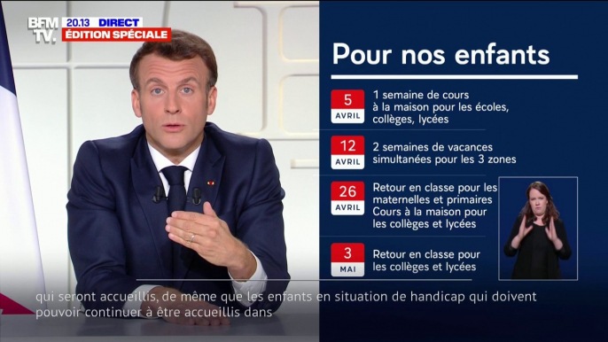 Emmanuel Macron: "Nous allons fermer durant 3 semaines les crèches, les écoles, les collèges et les lycées"