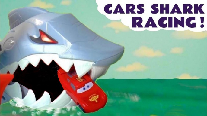 Hot Wheels Shark Racing with Disney Cars Lightning McQueen versus Marvel Avengers in these Funlings Race Challenge Videos for Kids from Kid Friendly Family Channel Toy Trains 4U